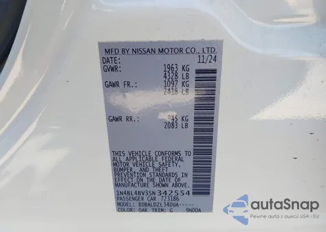 2025 Nissan Altima S Fwd z USA, uszkodzony, nr VIN 1N4BL4BV3SN342554